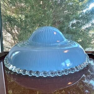 Vintage Blue Ribbed Glass Light Shade with Clear Beaded Rim 10.5”